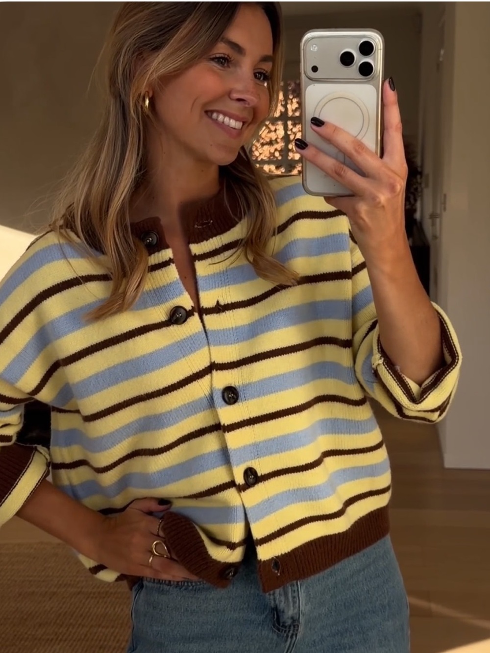 Striped Yellow Brown & Blue Sweater Cardigan One Size best for small/medium